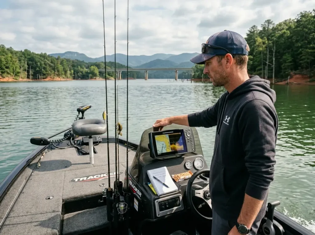 Angler idling a bass boat while watching sonar on an unfamiliar lake