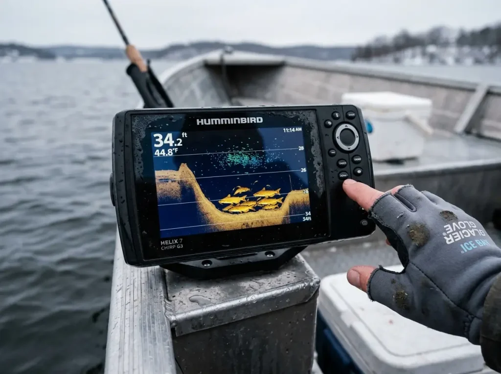 Fish finder screen showing stacked catfish marks near bottom of a deep winter river hole