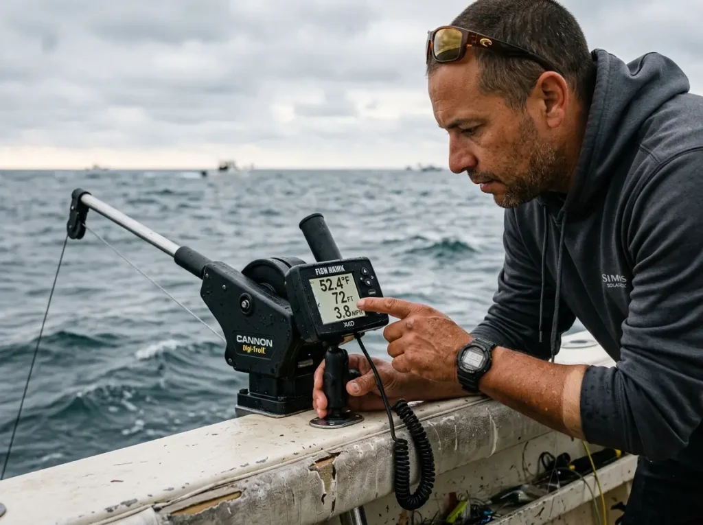 Angler checking Fish Hawk temperature probe display on a Lake Michigan charter boat