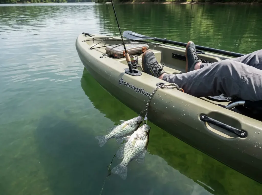 Fish stringer clipped to kayak cleat with two crappie in the water alongside