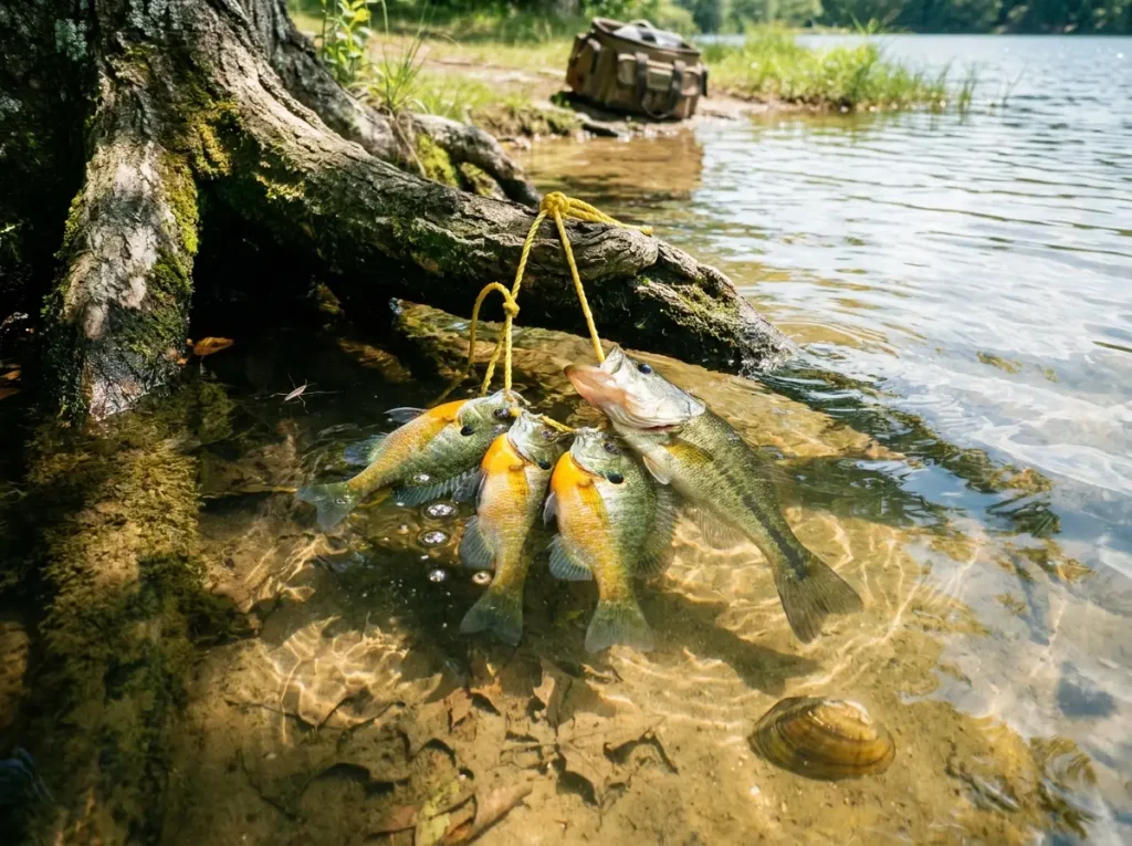 Fish stringer submerged in shaded water near tree roots keeping catch cool