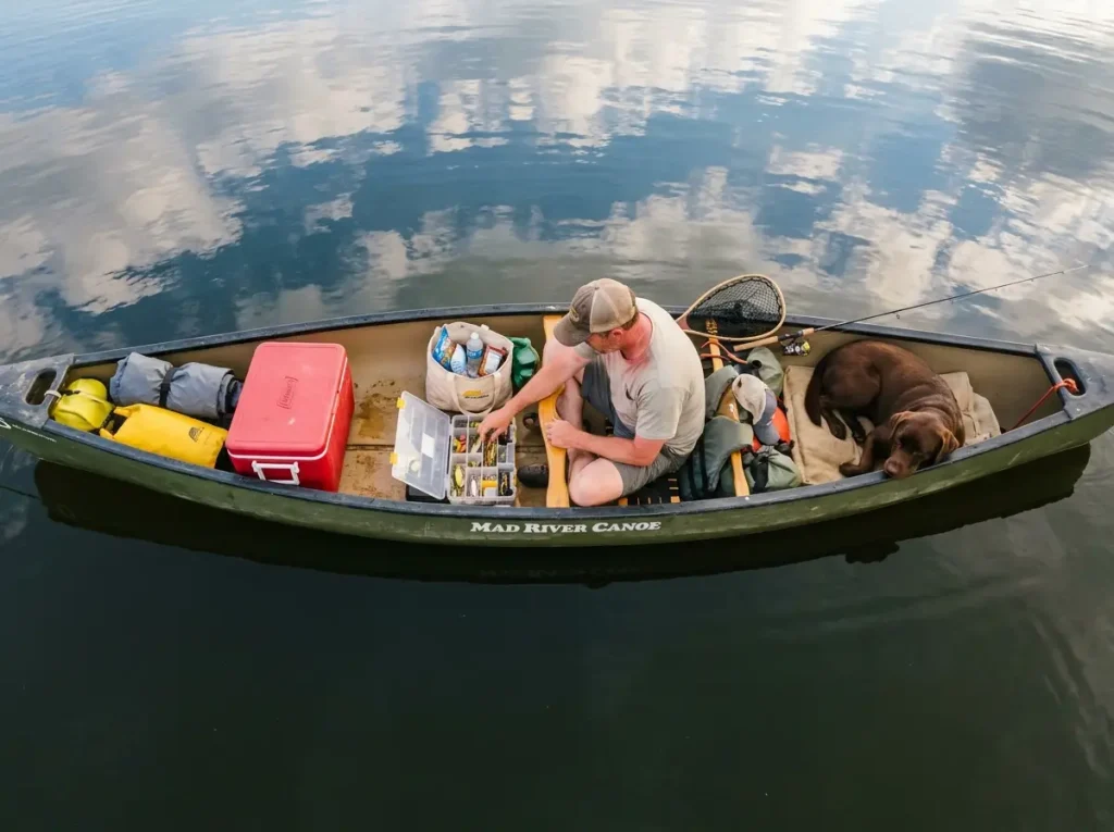  Overhead view of a loaded fishing canoe showing gear capacity and storage