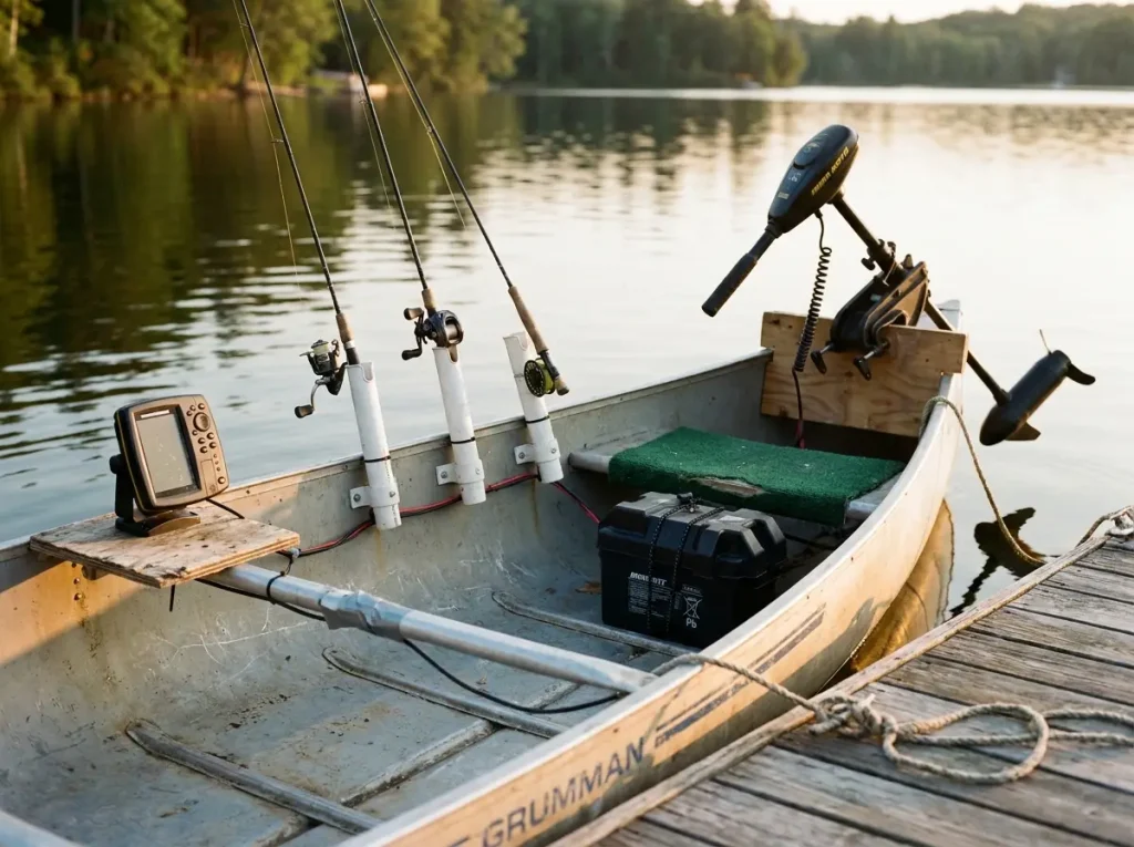 Fishing canoe with DIY trolling motor mount and custom rod holders