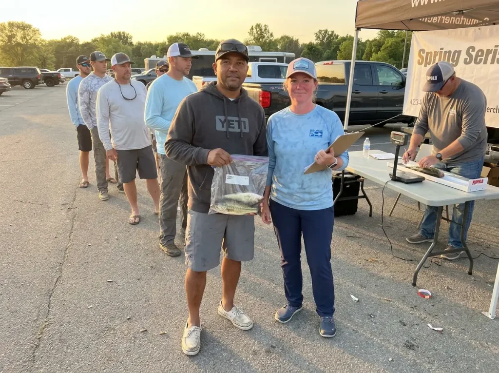 Two anglers debriefing after a club tournament weigh-in deciding if it's a good fit.
