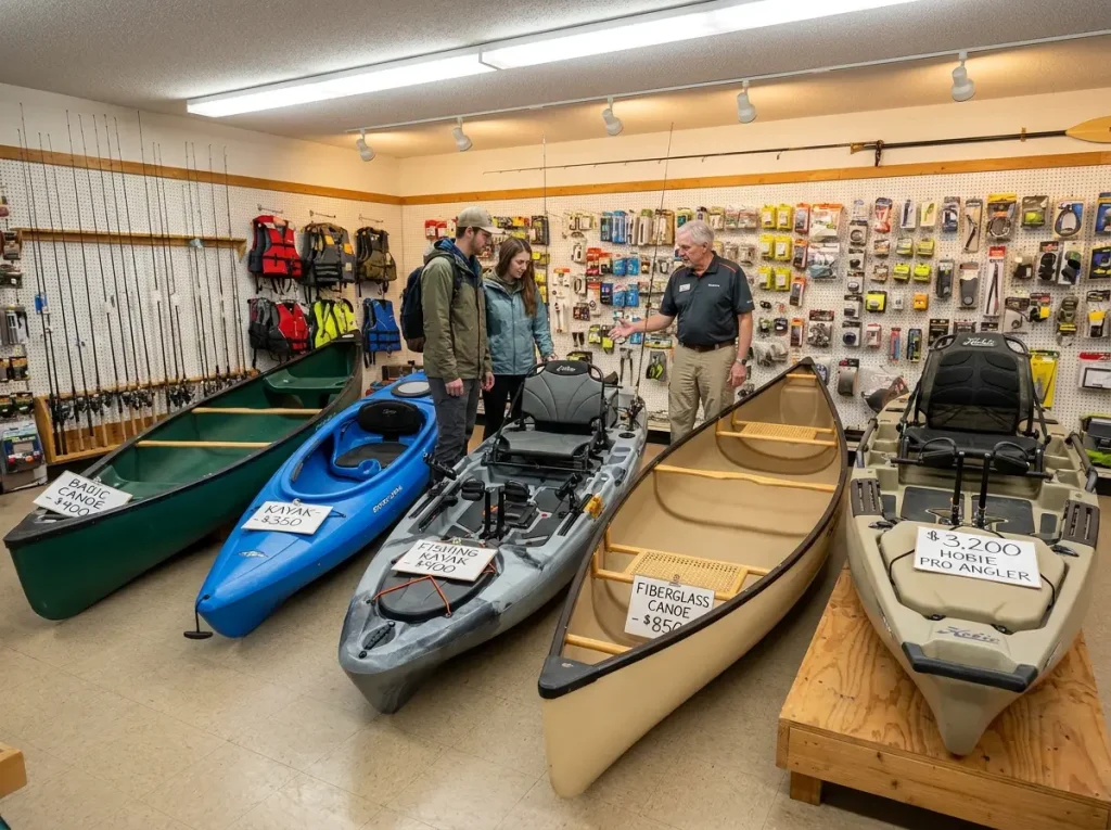 Row of fishing kayaks and canoes at different price points in a shop