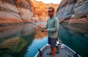 5 Fishing Lake Powell Mistakes Costing You Fish Angler casting from a bass boat on Lake Powell with red sandstone canyon walls