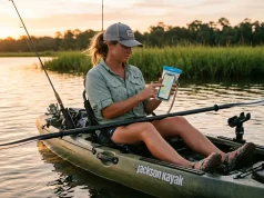 Why Most Fishing Phone Cases Fail on the Water Angler checking waterproof phone case while kayak fishing at sunrise