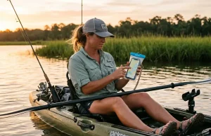 Why Most Fishing Phone Cases Fail on the Water Angler checking waterproof phone case while kayak fishing at sunrise