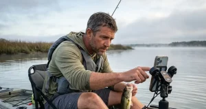 Best Fishing Phone Cases and Mounts by How You Fish Kayak angler taps a phone mounted in a YakAttack RotoGrip to photograph a bass at dawn