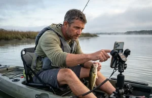 Best Fishing Phone Cases and Mounts by How You Fish Kayak angler taps a phone mounted in a YakAttack RotoGrip to photograph a bass at dawn