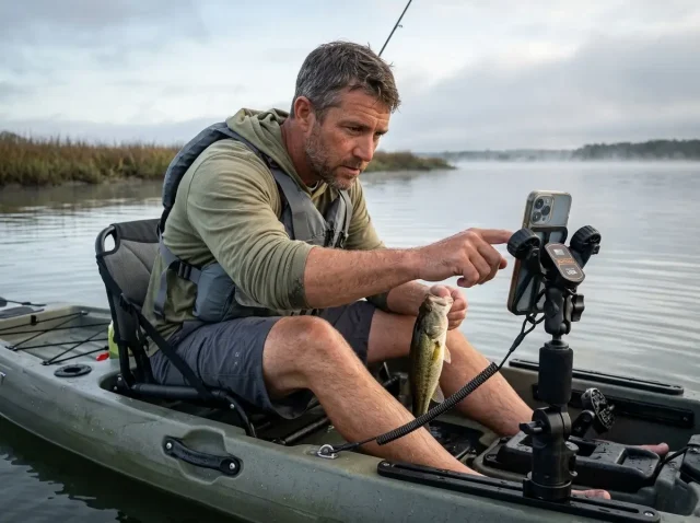 fishing-phone-waterproof-case-mount-options-hero Kayak angler taps a phone mounted in a YakAttack RotoGrip to photograph a bass at dawn
