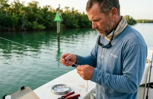 Why Most Anglers Pick the Wrong Wire Gauge Angler forming haywire twist on single strand fishing wire leader at boat gunwale