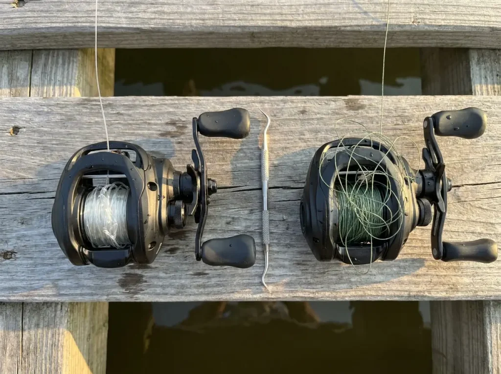 Two baitcasting reels side by side showing fluorocarbon and braided line backlashes