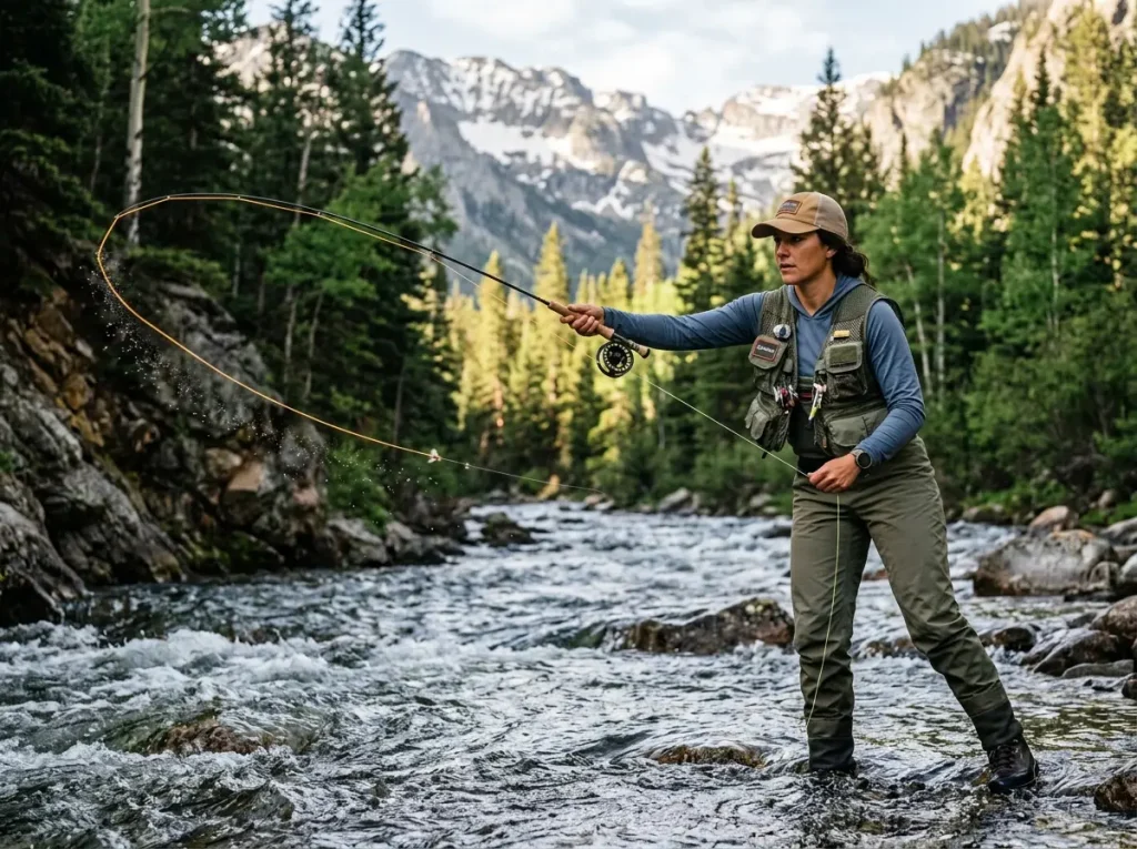 Angler demonstrating fly casting mechanics on a mountain stream, fly line loop unrolling forward