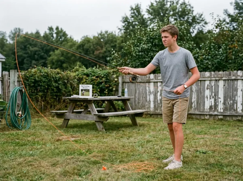 Beginner angler practicing fly casting in a field, yarn fly on grass, learning the basic stroke