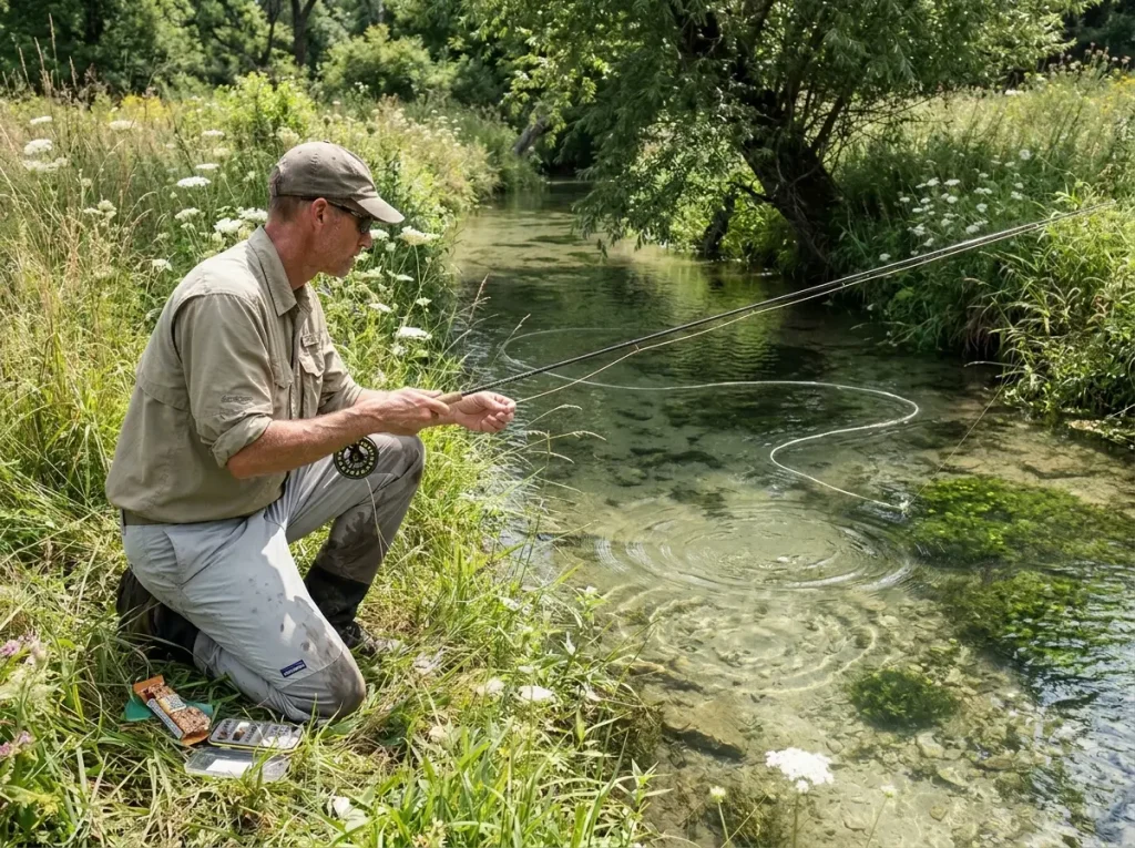 Dry fly being presented on a technical limestone spring creek, trout rising to the surface
