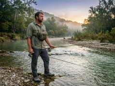 Fly Fishing or Spin Fishing for Beginners? Honest Answer Fly fishing vs spin fishing — angler choosing between two rods at a river's edge at dawn
