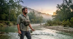 Fly Fishing or Spin Fishing for Beginners? Honest Answer Fly fishing vs spin fishing — angler choosing between two rods at a river's edge at dawn