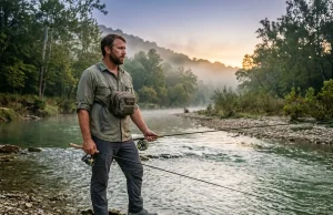 Fly Fishing or Spin Fishing for Beginners? Honest Answer Fly fishing vs spin fishing — angler choosing between two rods at a river's edge at dawn