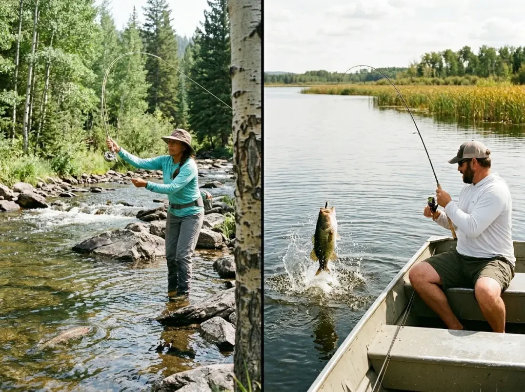 Montage of two anglers — one fly fishing for trout, one spin fishing for bass from a boat