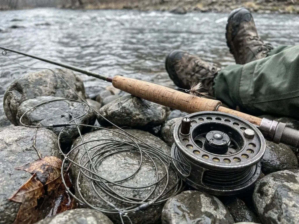 A simple click-pawl fly reel on a fly rod resting across river rocks beside moving trout water