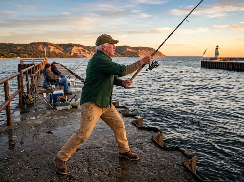Salmon staging near Frankfort Michigan pier with Sleeping Bear Dunes in distance