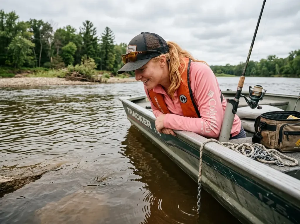 Angler peers into live well of boat where freshwater drum is making its characteristic drumming sound in shallow water