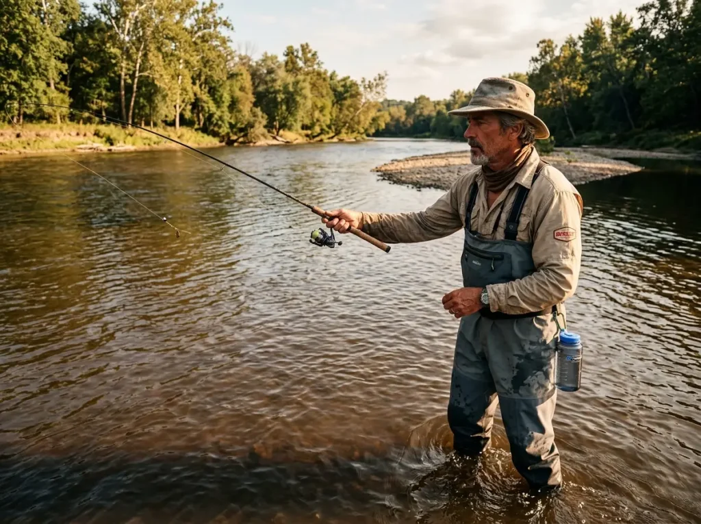 Angler wades a broad Midwestern river channel where freshwater drum live year-round in the deep pools