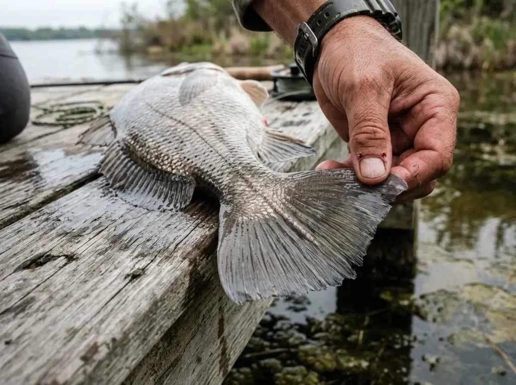 Close-up of freshwater drum tail showing lateral line extending through the fin, the fish's distinctive ID marker