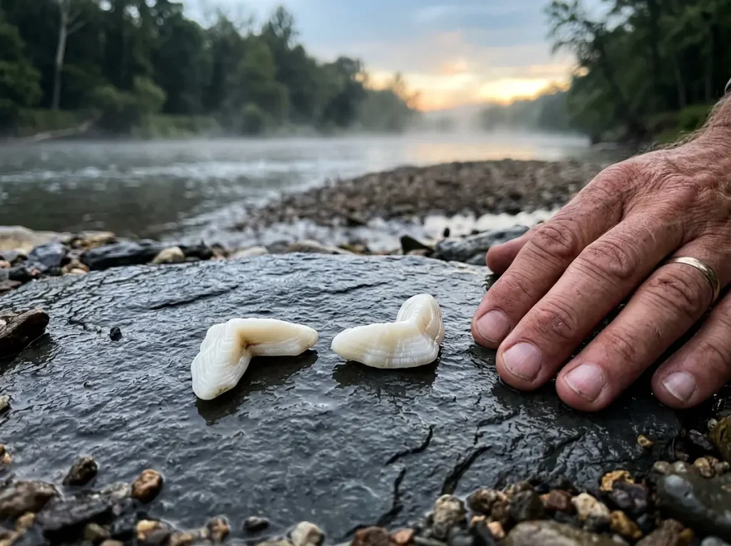 Close-up of two freshwater drum otoliths showing natural L and J shapes against dark slate, the lucky stones used by Native Americans