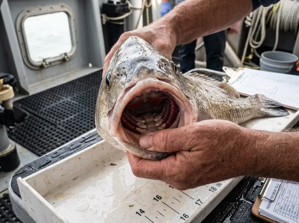 Researcher's hands examine the pharyngeal teeth inside a large freshwater drum's open mouth showing the molar-like crushing structures