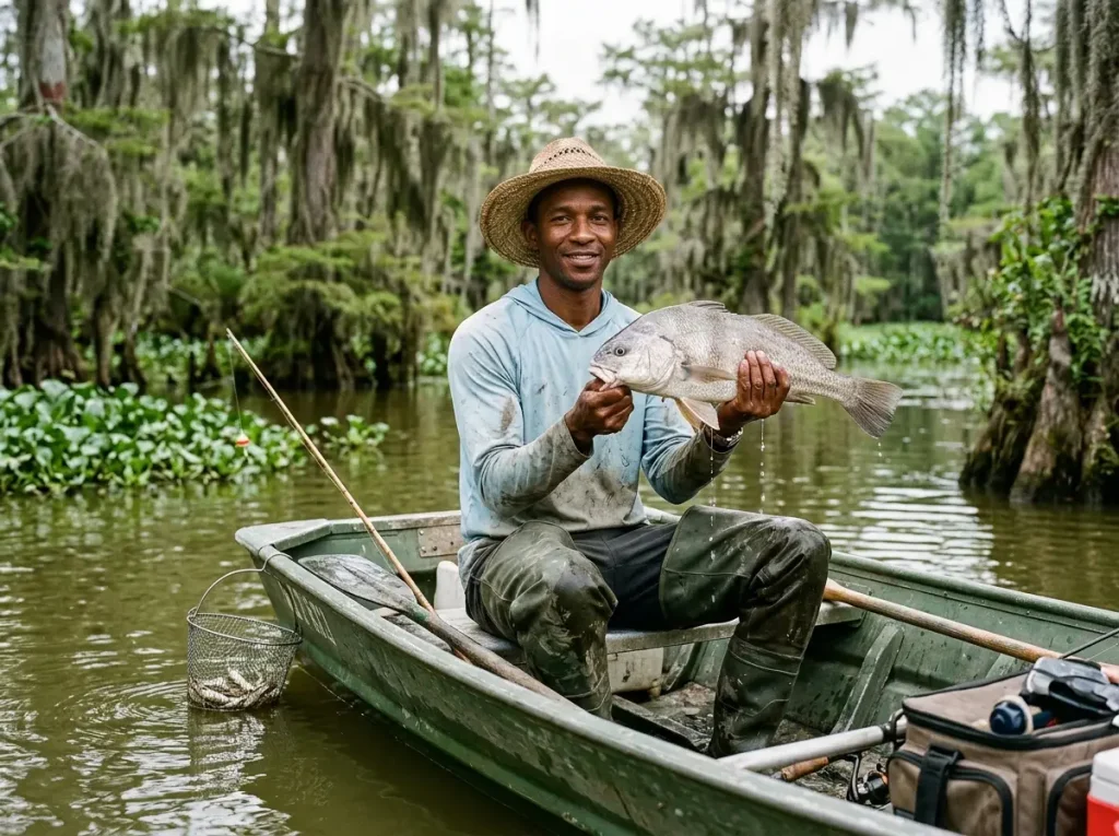 Angler in a Louisiana bayou holds a freshwater drum next to handwritten notes on a waterproof notepad showing the fish's regional names