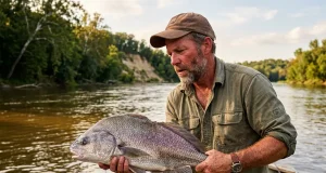 Why Your Freshwater Drum Is Not Actually a Sheepshead Angler holds a large freshwater drum over a Midwest river, examining the fish's distinctive hump profile