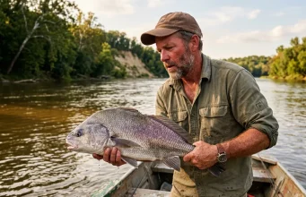 Why Your Freshwater Drum Is Not Actually a Sheepshead Angler holds a large freshwater drum over a Midwest river, examining the fish's distinctive hump profile