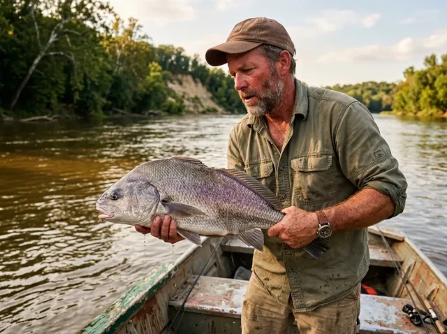 freshwater-drum-sheepshead-hero Angler holds a large freshwater drum over a Midwest river, examining the fish's distinctive hump profile