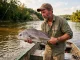 Why Your Freshwater Drum Is Not Actually a Sheepshead Angler holds a large freshwater drum over a Midwest river, examining the fish's distinctive hump profile
