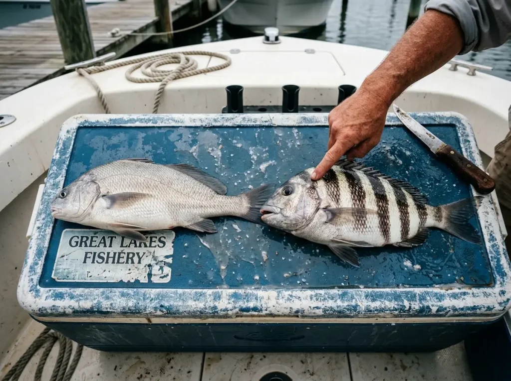 Side-by-side view of freshwater drum and true sheepshead caught same day showing the visual difference between species