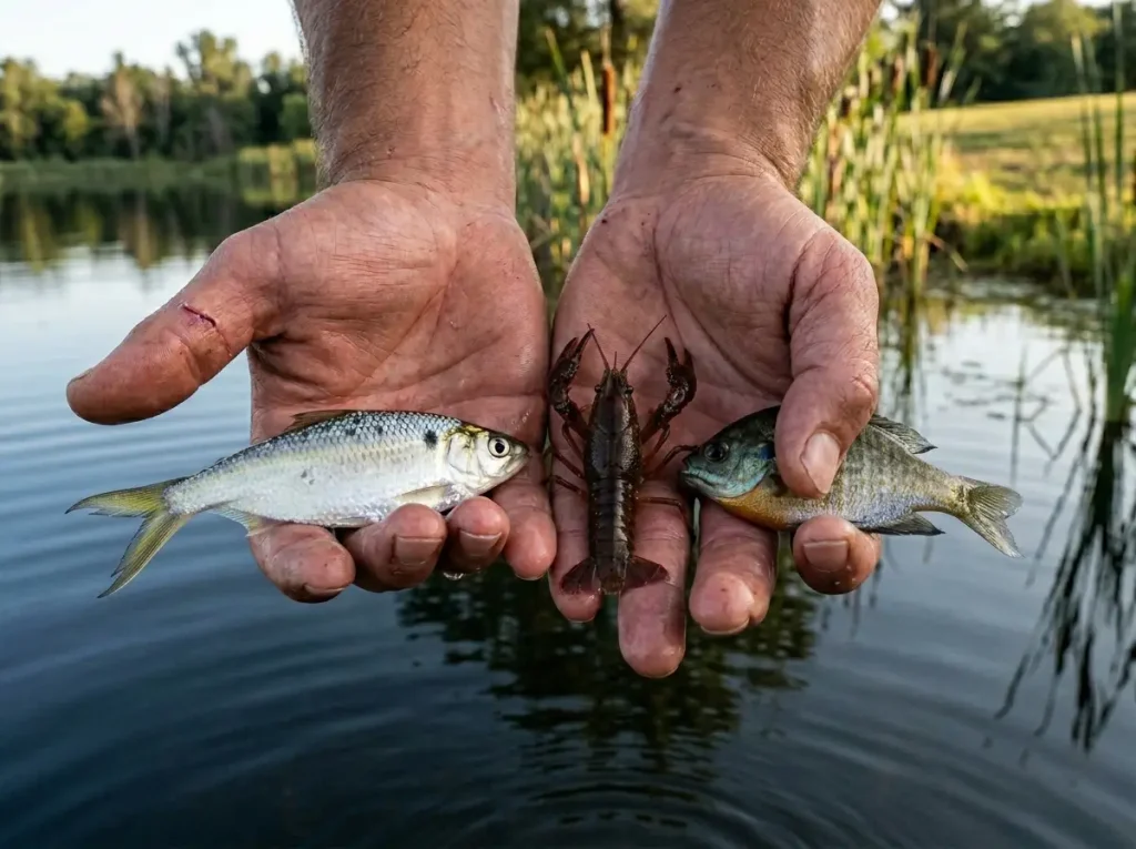Hand holding three forage specimens — shad, crawfish, and bluegill — side by side for size comparison