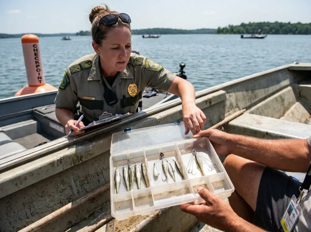 Game warden inspecting an Alabama rig tackle box on a bass boat during a check