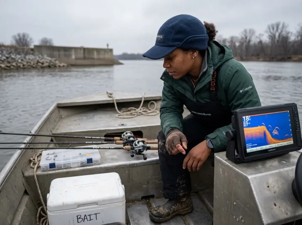 Angler studying Garmin sonar display on boat console while anchored over deep river channel