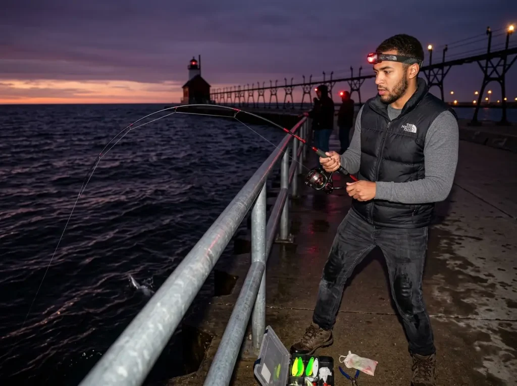 Angler fishing for salmon from Grand Haven Michigan pier at night with glow spoon