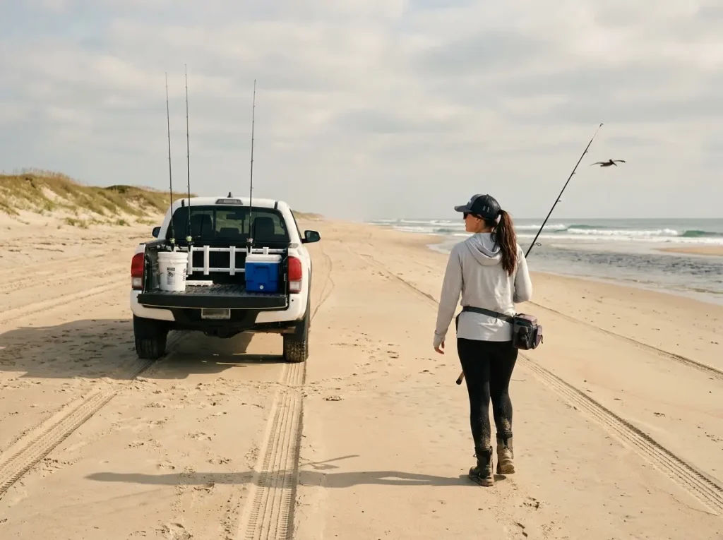 Solo angler surf fishing a remote Hatteras Island beach near Avon with 4WD truck parked on sand