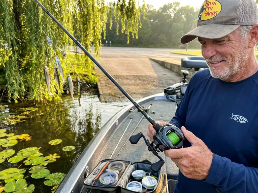 Heavy action casting rod and baitcaster reel spooled with braid for Alabama rig fishing