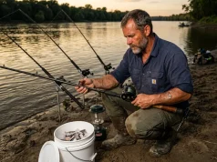 Heavy Duty Catfish Rod and Reel Buying Guide Heavy duty catfish rod and reel setup with baitcaster on a riverbank at dusk