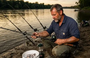 Heavy Duty Catfish Rod and Reel Buying Guide Heavy duty catfish rod and reel setup with baitcaster on a riverbank at dusk