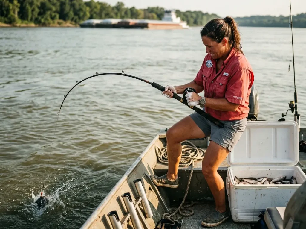 Angler fighting a large blue catfish on a heavy power rod bent deep from a boat