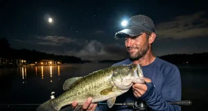 How to Catch Largemouth Bass at Night Angler holding largemouth bass at night on a still lake, headlamp casting soft glow over the water