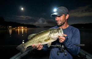 How to Catch Largemouth Bass at Night Angler holding largemouth bass at night on a still lake, headlamp casting soft glow over the water