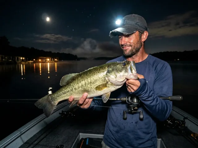 how-to-catch-largemouth-bass-at-night-hero Angler holding largemouth bass at night on a still lake, headlamp casting soft glow over the water