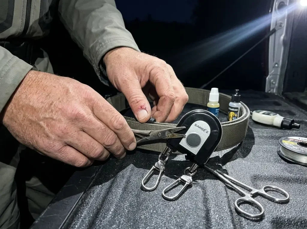 Angler's hands docking nippers and forceps on a dual magnetic zinger on a wading belt at dawn
